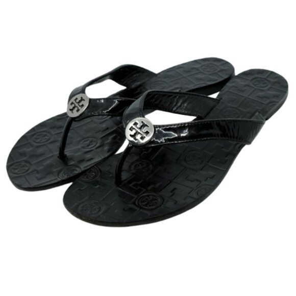 TORY BURCH~Thora~BLACK PATENT LEATHER SANDALS FLIP FLOP WOMENS SHOES Size 8 - Picture 1 of 7